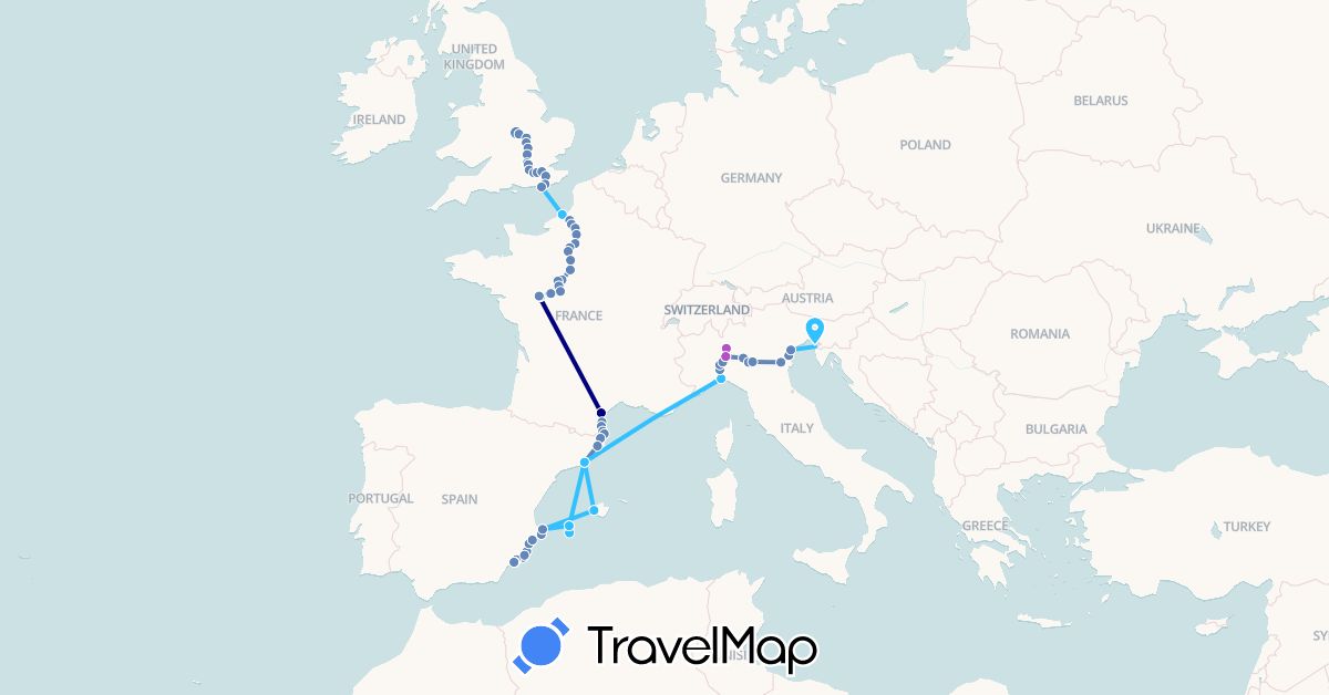 TravelMap itinerary: driving, cycling, train, boat in Spain, France, United Kingdom, Italy, Slovenia (Europe)